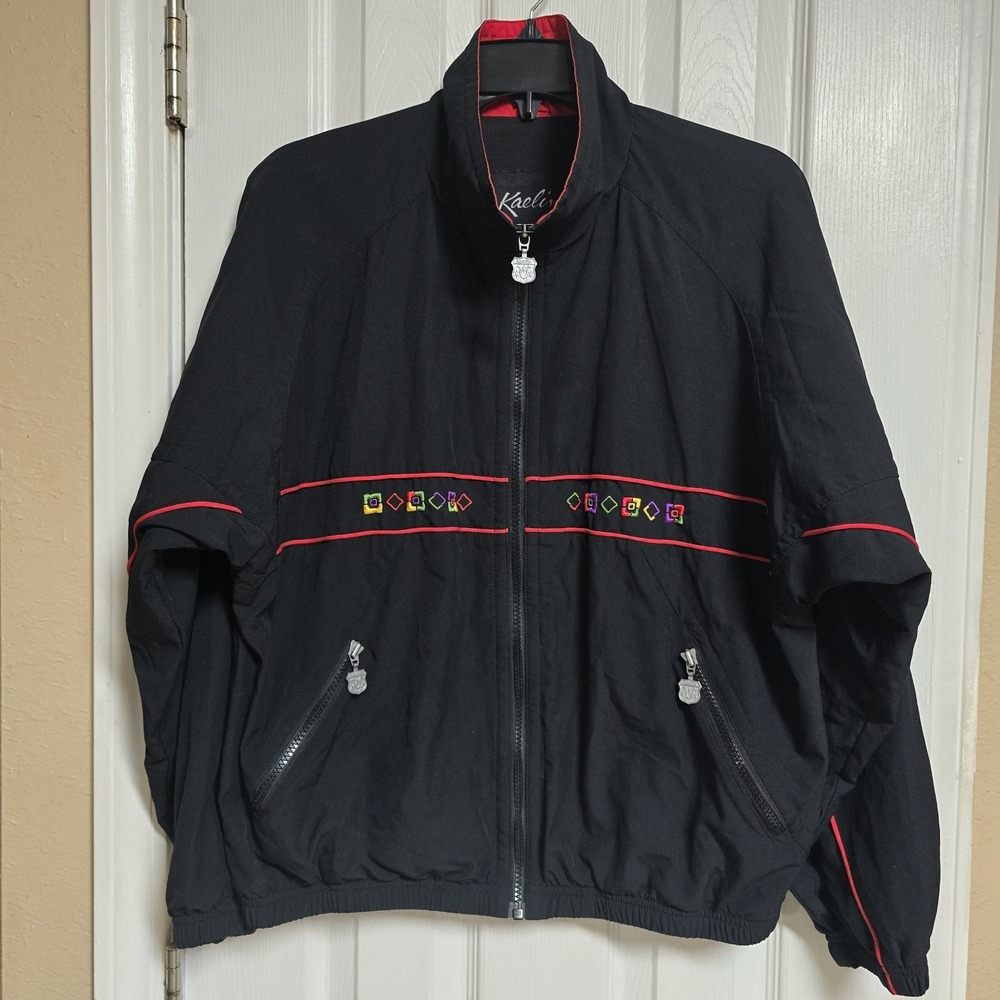 Kaelin Jacket Coat Women M Black Vintage 80s 90s Embroidered Geometric Ski Retro